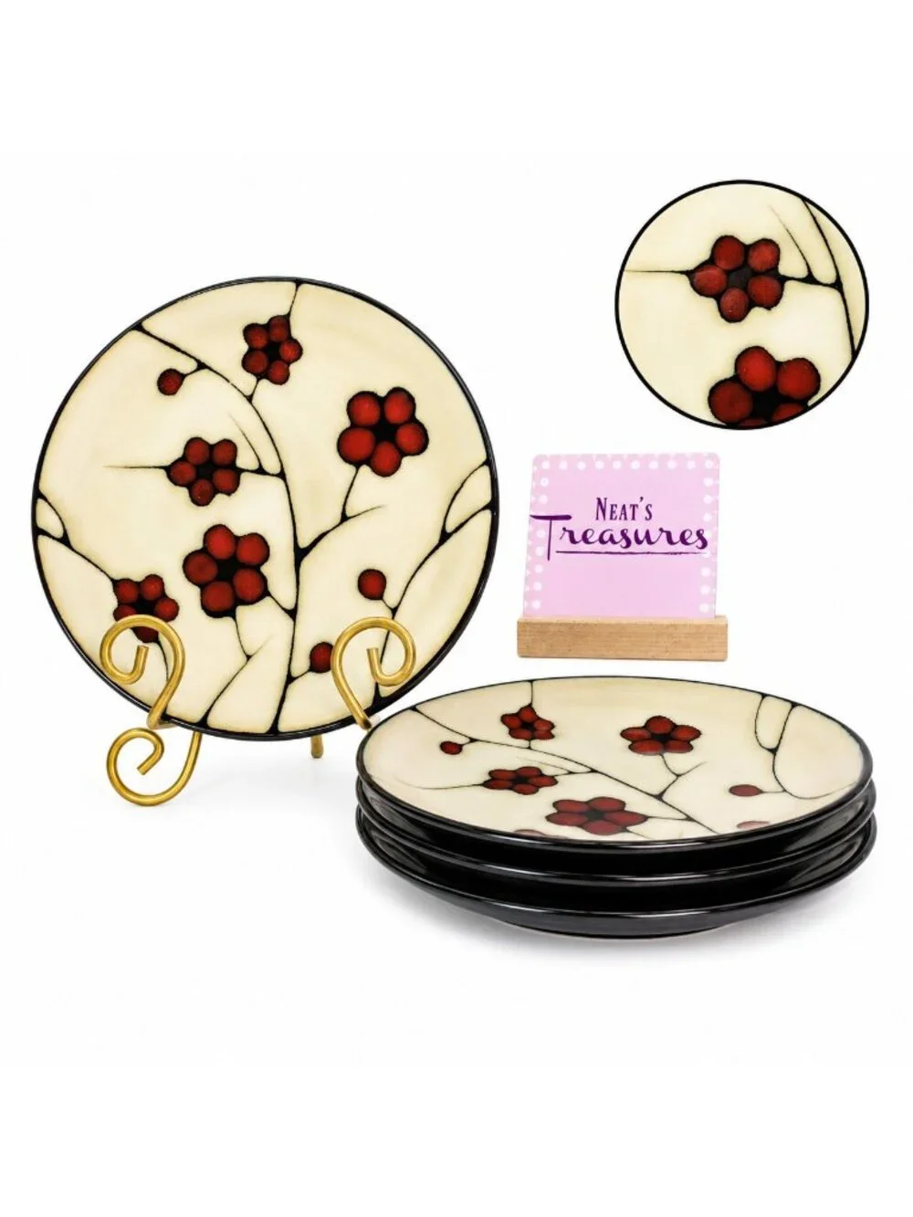 Pfaltzgraff ASTER Red Flower Beige Brown Body Stoneware Salad Lunch Plate Set 4